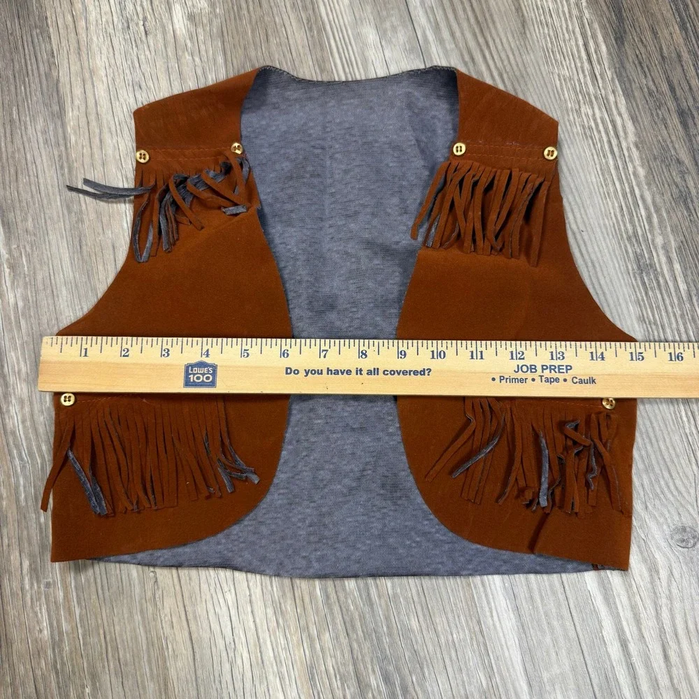 Kids Brown Vintage Faux Suede Western Fringe Vest Cowboy Cowgirl Costume Studded